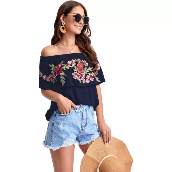 Floerns Women's Ruffle Off Shoulder Rose Embroidery Loose Blouse Top