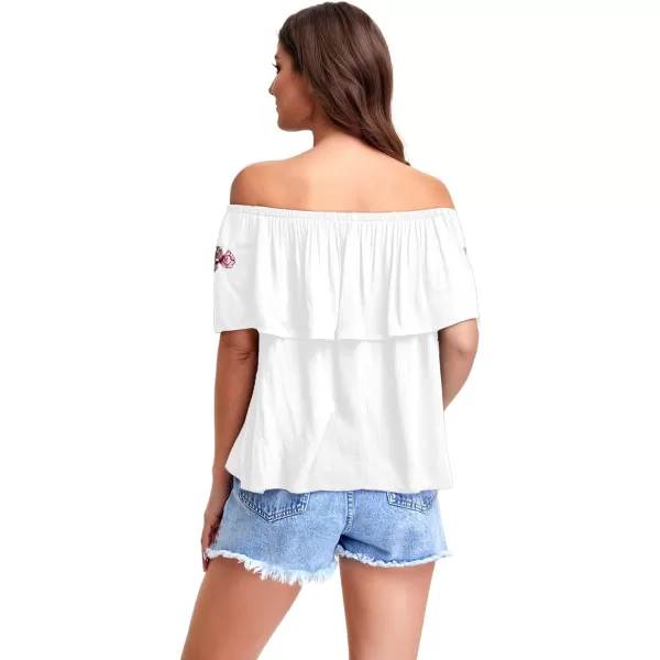 Floerns Women's Ruffle Off Shoulder Rose Embroidery Loose Blouse Top