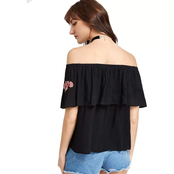Floerns Women's Ruffle Off Shoulder Rose Embroidery Loose Blouse Top