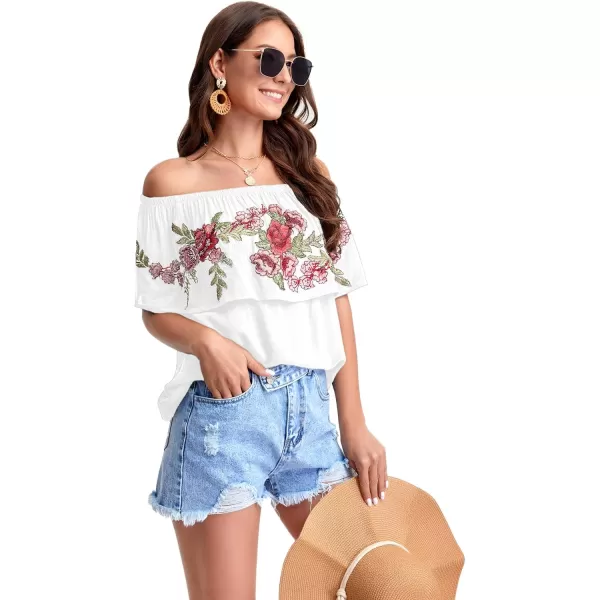 Floerns Women's Ruffle Off Shoulder Rose Embroidery Loose Blouse Top
