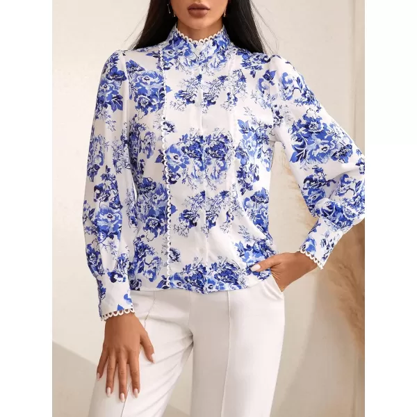Floerns Women's Ruffle Trim Lace Scalloped Hem Long Sleeve Blouse Tops