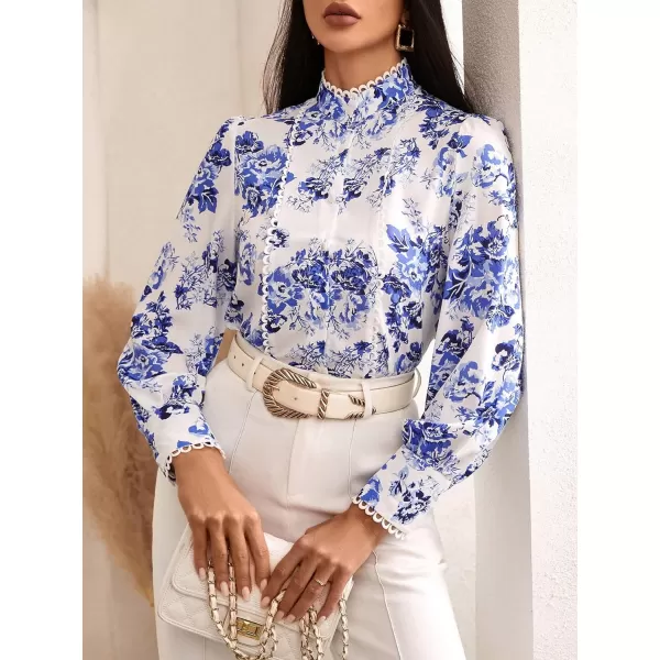Floerns Women's Ruffle Trim Lace Scalloped Hem Long Sleeve Blouse Tops