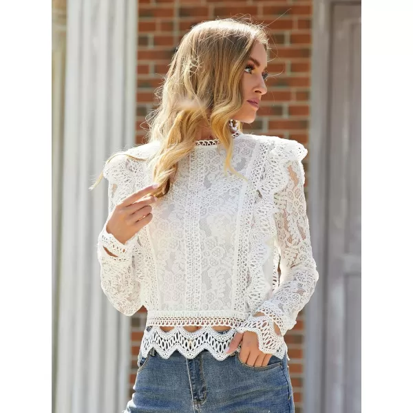 Floerns Women's Ruffle Trim Lace Scalloped Hem Long Sleeve Blouse Tops
