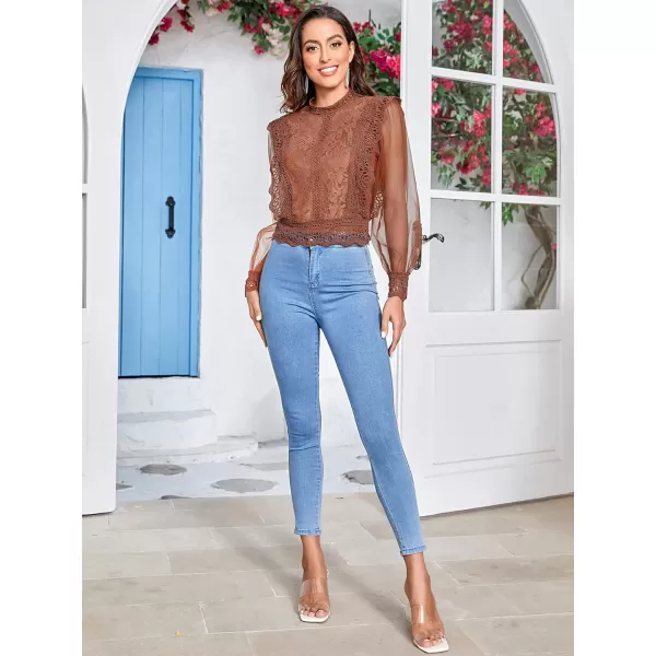 Floerns Women's Ruffle Trim Lace Scalloped Hem Long Sleeve Blouse Tops