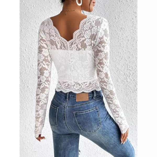 Floerns Women's Ruffle Trim Lace Scalloped Hem Long Sleeve Blouse Tops