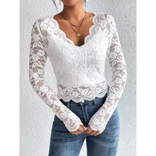 Floerns Women's Ruffle Trim Lace Scalloped Hem Long Sleeve Blouse Tops