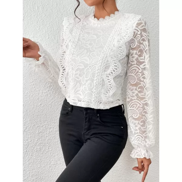 Floerns Women's Ruffle Trim Lace Scalloped Hem Long Sleeve Blouse Tops