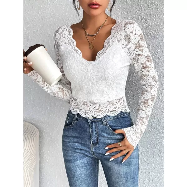 Floerns Women's Ruffle Trim Lace Scalloped Hem Long Sleeve Blouse Tops