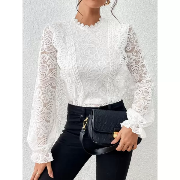 Floerns Women's Ruffle Trim Lace Scalloped Hem Long Sleeve Blouse Tops