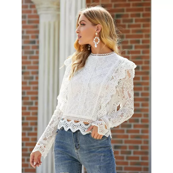 Floerns Women's Ruffle Trim Lace Scalloped Hem Long Sleeve Blouse Tops