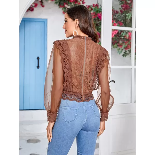 Floerns Women's Ruffle Trim Lace Scalloped Hem Long Sleeve Blouse Tops