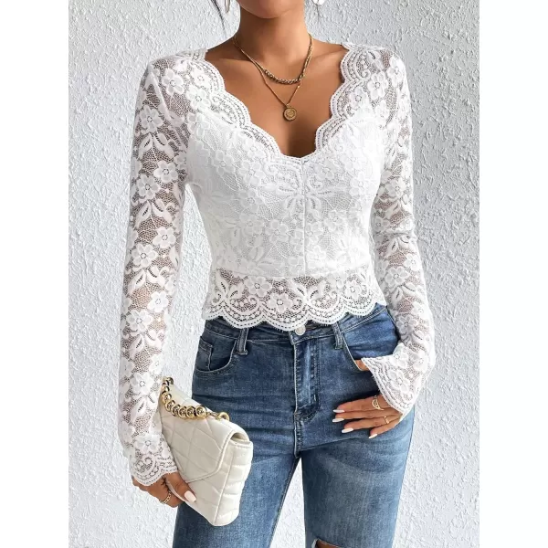 Floerns Women's Ruffle Trim Lace Scalloped Hem Long Sleeve Blouse Tops