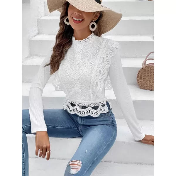Floerns Women's Ruffle Trim Lace Scalloped Hem Long Sleeve Blouse Tops