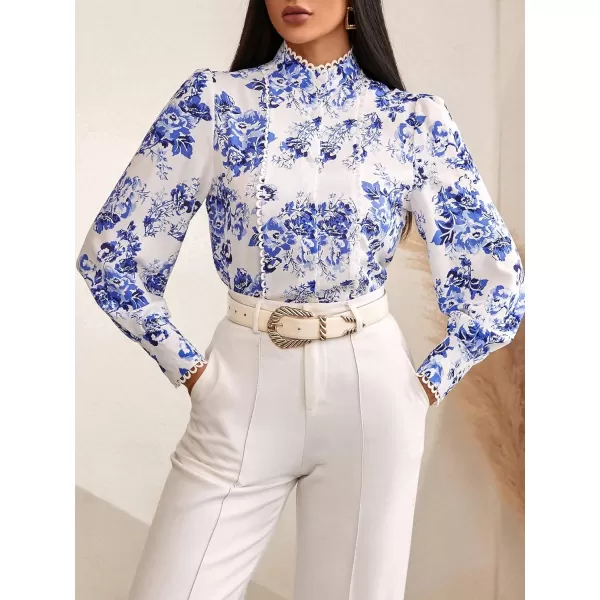 Floerns Women's Ruffle Trim Lace Scalloped Hem Long Sleeve Blouse Tops