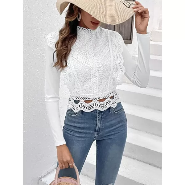 Floerns Women's Ruffle Trim Lace Scalloped Hem Long Sleeve Blouse Tops