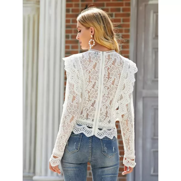 Floerns Women's Ruffle Trim Lace Scalloped Hem Long Sleeve Blouse Tops