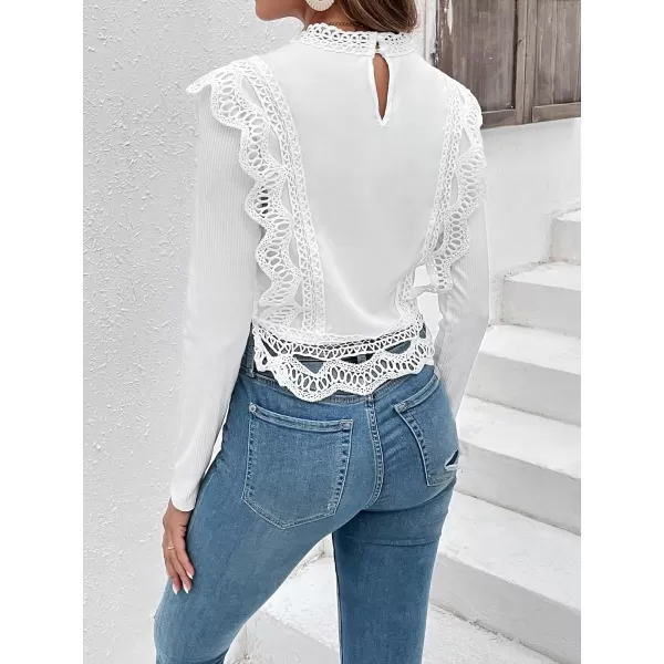 Floerns Women's Ruffle Trim Lace Scalloped Hem Long Sleeve Blouse Tops