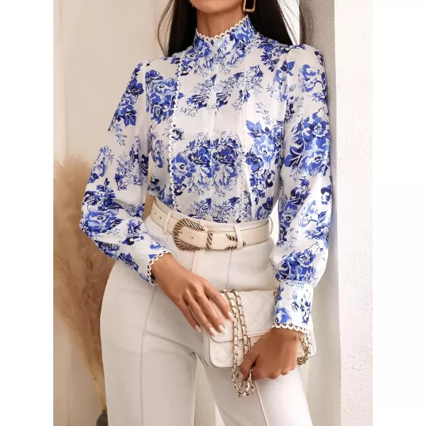 Floerns Women's Ruffle Trim Lace Scalloped Hem Long Sleeve Blouse Tops