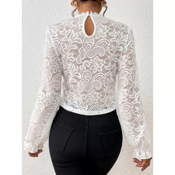 Floerns Women's Ruffle Trim Lace Scalloped Hem Long Sleeve Blouse Tops