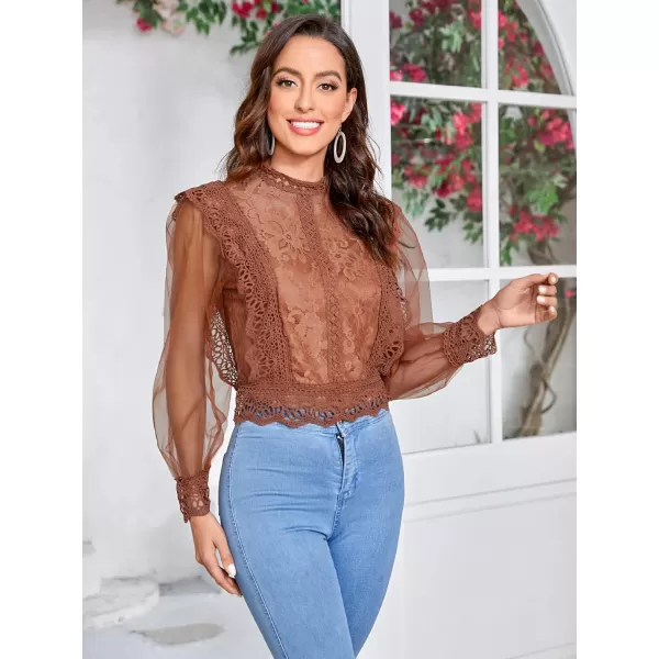 Floerns Women's Ruffle Trim Lace Scalloped Hem Long Sleeve Blouse Tops