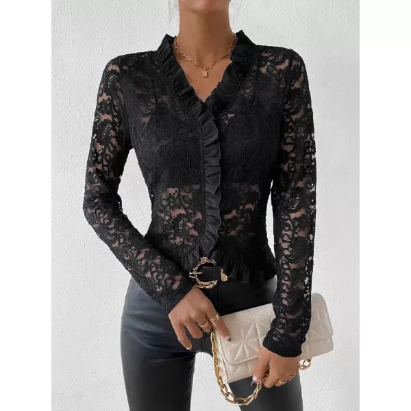 Floerns Women's Ruffle Trim Long Sleeve V Neck Sheer Lace Crop Blouse Top