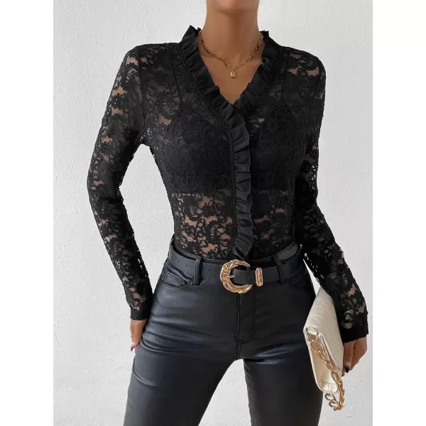 Floerns Women's Ruffle Trim Long Sleeve V Neck Sheer Lace Crop Blouse Top