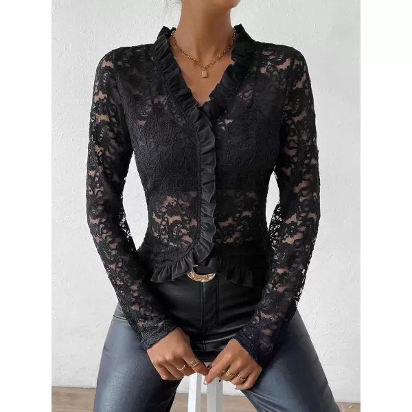 Floerns Women's Ruffle Trim Long Sleeve V Neck Sheer Lace Crop Blouse Top
