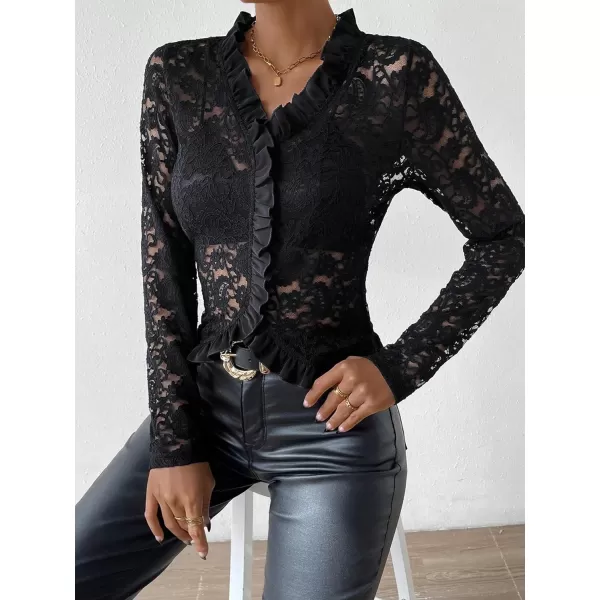 Floerns Women's Ruffle Trim Long Sleeve V Neck Sheer Lace Crop Blouse Top