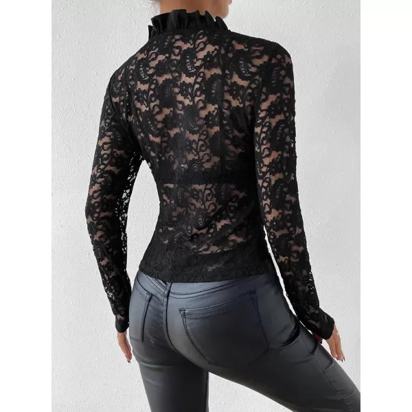 Floerns Women's Ruffle Trim Long Sleeve V Neck Sheer Lace Crop Blouse Top