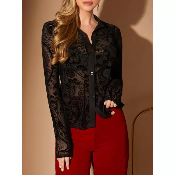 Floerns Women's Sheer Lace Button Down Long Sleeve Floral Blouse Shirt Tops
