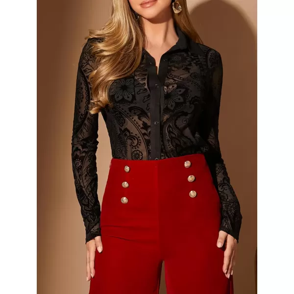 Floerns Women's Sheer Lace Button Down Long Sleeve Floral Blouse Shirt Tops