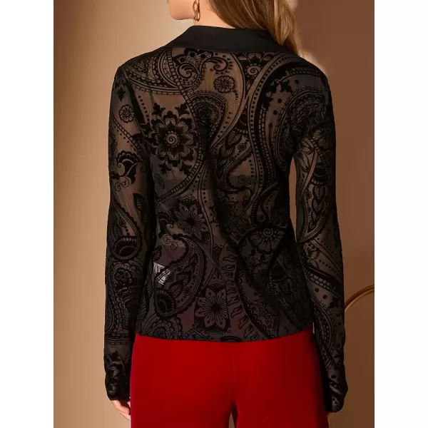 Floerns Women's Sheer Lace Button Down Long Sleeve Floral Blouse Shirt Tops