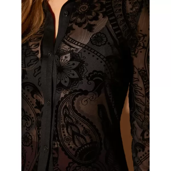 Floerns Women's Sheer Lace Button Down Long Sleeve Floral Blouse Shirt Tops