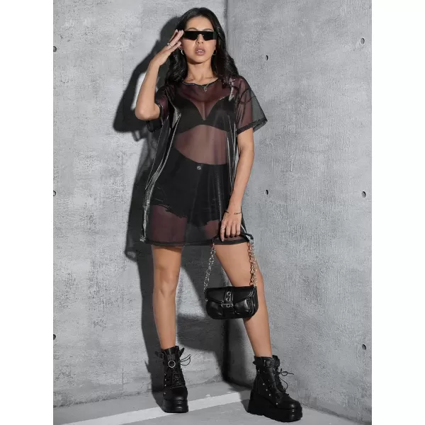 Floerns Women's Short Sleeve See Through Sheer Mesh Tee Shirt Blouse Tops