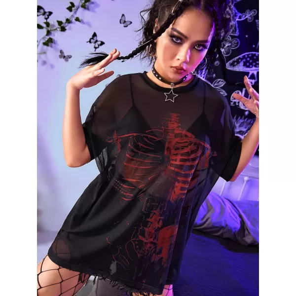Floerns Women's Short Sleeve See Through Sheer Mesh Tee Shirt Blouse Tops
