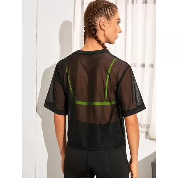Floerns Women's Short Sleeve See Through Sheer Mesh Tee Shirt Blouse Tops
