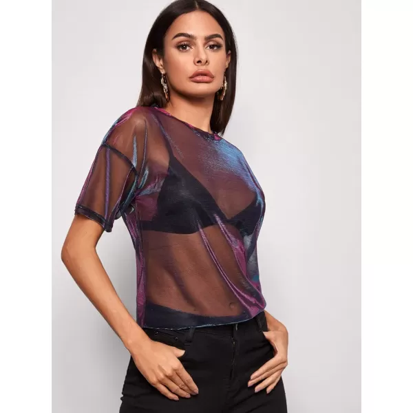 Floerns Women's Short Sleeve See Through Sheer Mesh Tee Shirt Blouse Tops