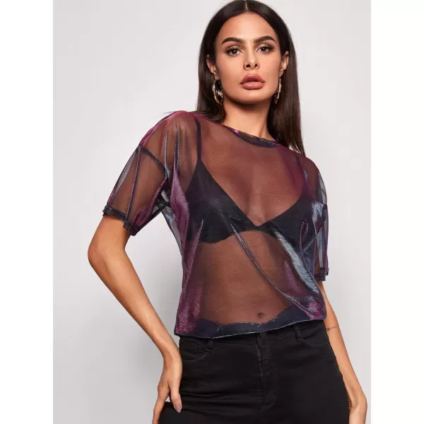 Floerns Women's Short Sleeve See Through Sheer Mesh Tee Shirt Blouse Tops