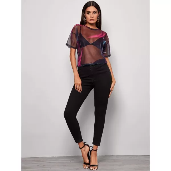 Floerns Women's Short Sleeve See Through Sheer Mesh Tee Shirt Blouse Tops