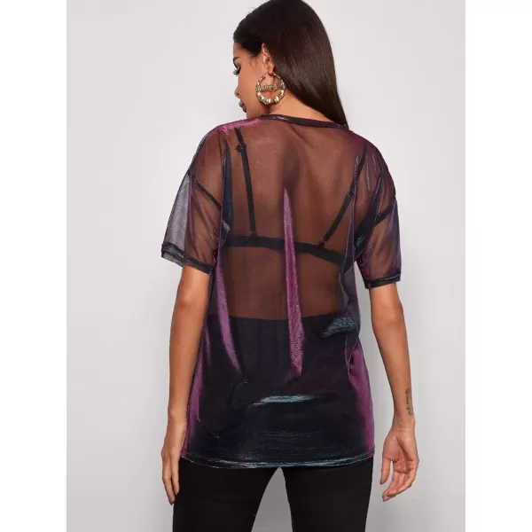 Floerns Women's Short Sleeve See Through Sheer Mesh Tee Shirt Blouse Tops