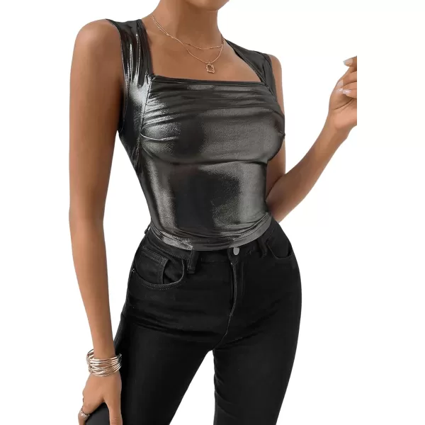 Floerns Women's Sleeveless Square Neck Ruched Club Party Crop Tank Top