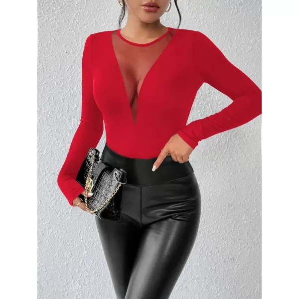 Floerns Women's Slim Fit Sheer Mesh See Through Crew Neck Long Sleeve Solid Top