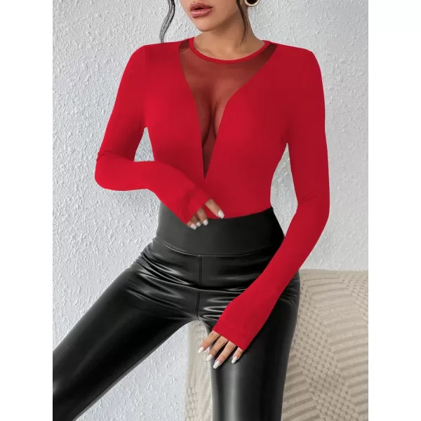 Floerns Women's Slim Fit Sheer Mesh See Through Crew Neck Long Sleeve Solid Top