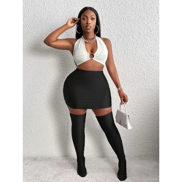 Floerns Women's Solid High Waist Skinny Bodycon Mini Skirt with Stocking