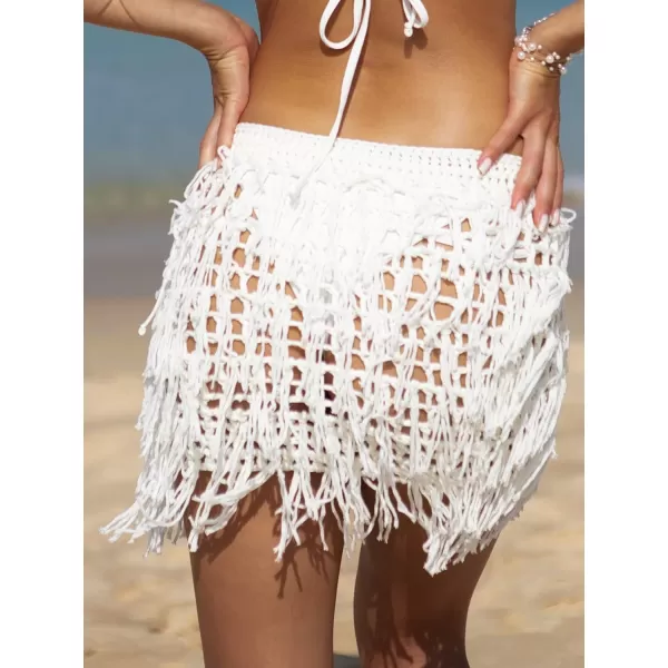 Floerns Women's Solid Hollow Out Fringe Hem Crochet Swim Beach Cover Up Skirt