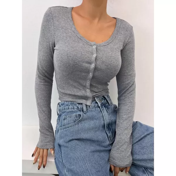 Floerns Women's Solid Long Sleeve Button Front Scoop Neck Crop Top Tee Shirt