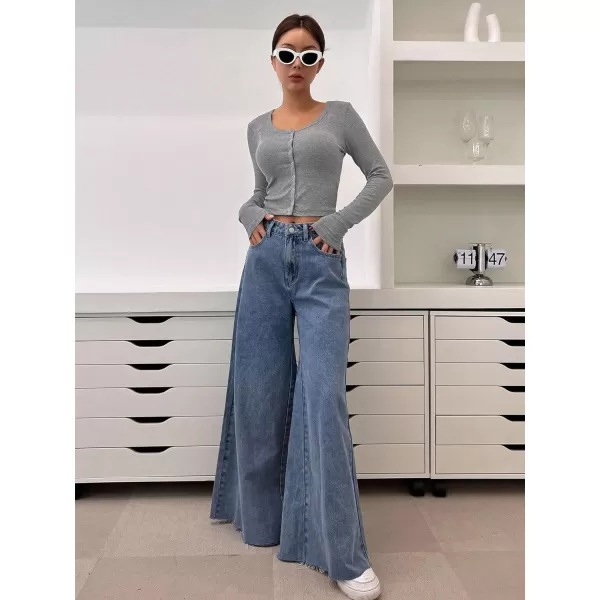 Floerns Women's Solid Long Sleeve Button Front Scoop Neck Crop Top Tee Shirt