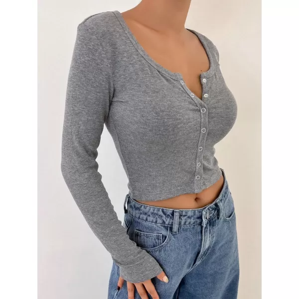 Floerns Women's Solid Long Sleeve Button Front Scoop Neck Crop Top Tee Shirt