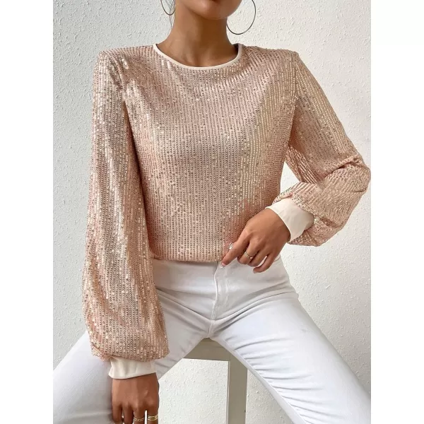 Floerns Women's Sparkly Sequin Bishop Long Sleeve Crewneck Pullover Blouse Top