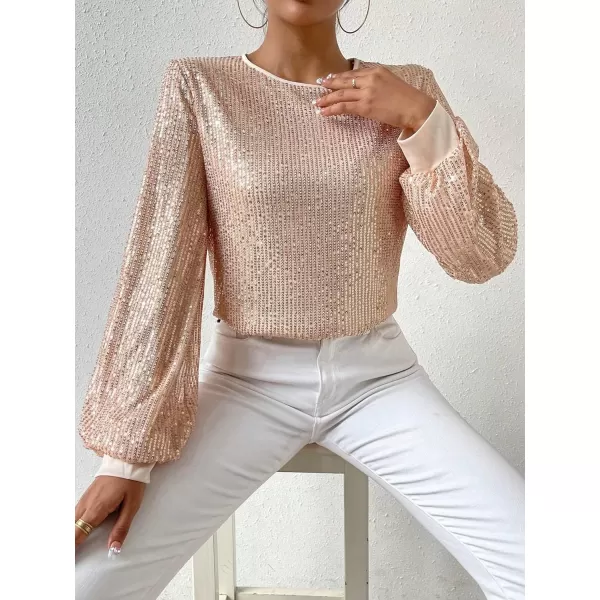 Floerns Women's Sparkly Sequin Bishop Long Sleeve Crewneck Pullover Blouse Top